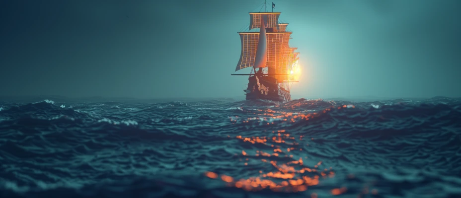 Futuristisches Segelboot auf stürmischer See – Metapher für Orientierung bei GEO, SEO und KI 2026