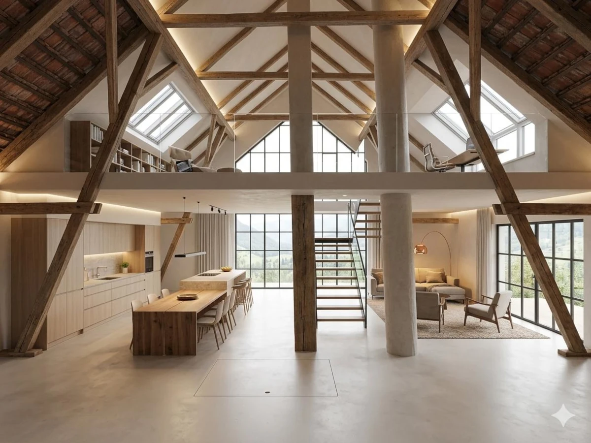 Erste KI-Variante für den Ausbau eines Heubodens zu einer modernen Wohnfläche