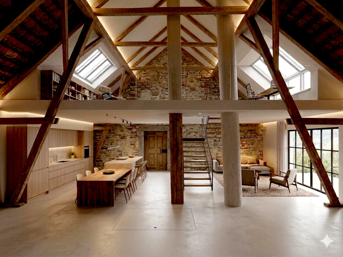 Finale KI-Konzeptvisualisierung für den Ausbau eines Heubodens zu einer hellen modernen zweigeschossigen Wohnung