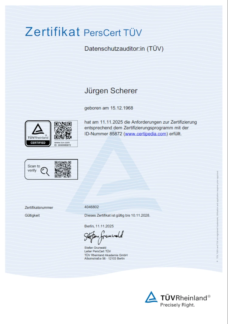 Zertifikat Datenschutzauditor (TÜV)