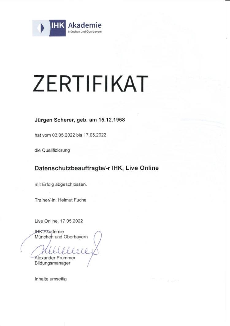 Zertifikat IHK-Datenschutzbeauftragter